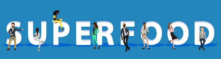 Vector 웹 모바일 앱 프레젠테이션을 위한 superfood에 대한 사람들