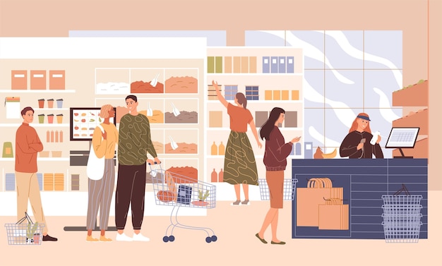 Vector people in the supermarket buying groceries vector illustration