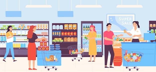 Vector people in supermarket choosing food and putting in trolleys man and woman buying products in grocery store