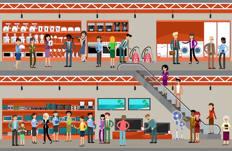 Vector people in a supermarket of the equipment and electronics