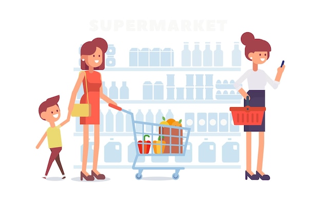 People in supermarket or grocery flat vector illustration Cartoon characters