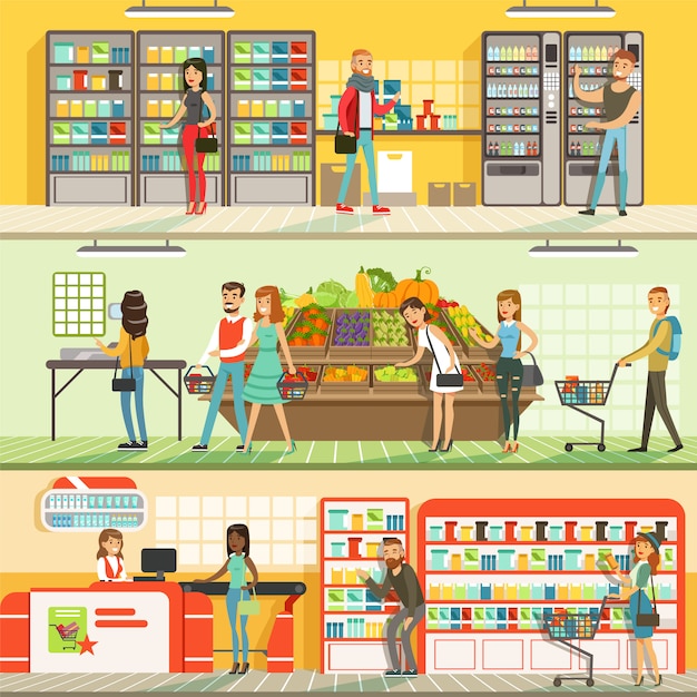 スーパーマーケットの水平方向のカラフルなバナーセットの人々、ショッピング、製品の購入の詳細なイラスト