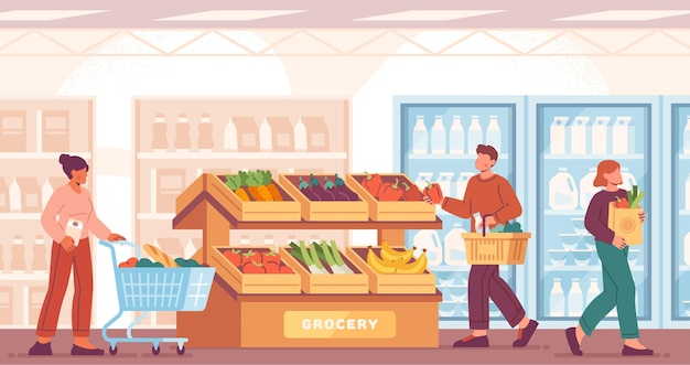 Люди в супермаркете, мужчины и женщины, покупают продукты и выбирают натуральные продукты рутинно и