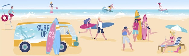 People surf relax on tropical sea beach flat vector illustration cartoon surfer man or woman characters in bikini relaxing background