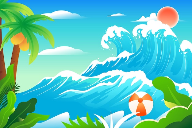 ベクトル 背景ベクトルイラストにビーチとヤシの木があり、夏に海でサーフィンをする人々