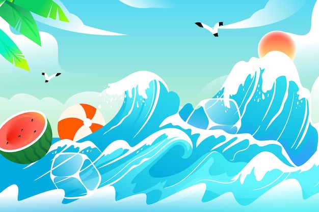 배경 벡터 삽화에 해변과 야자수가 있는 여름에 바다에서 서핑하는 사람들