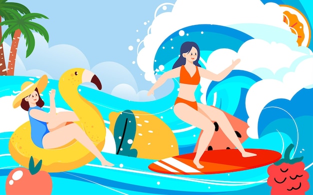 ベクトル 背景のベクトルでさまざまな果物や波と夏のビーチでサーフィンする人々
