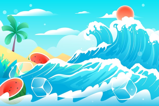 People surfing in the sea in summer with beach and palm trees in the background vector illustration