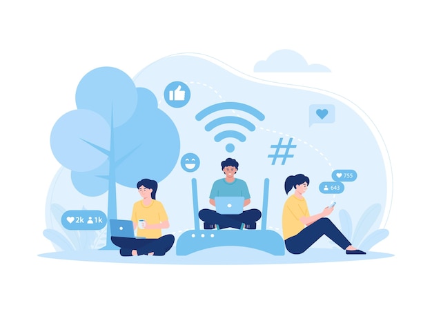 People surfing on social media using devices technology and wifi trending flat illustration