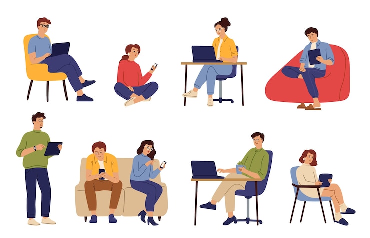 Vector people surfing. woman man using smartphone, person work from home. digital addiction, communication swanky vector characters. freelancer online communication, working and addiction illustration