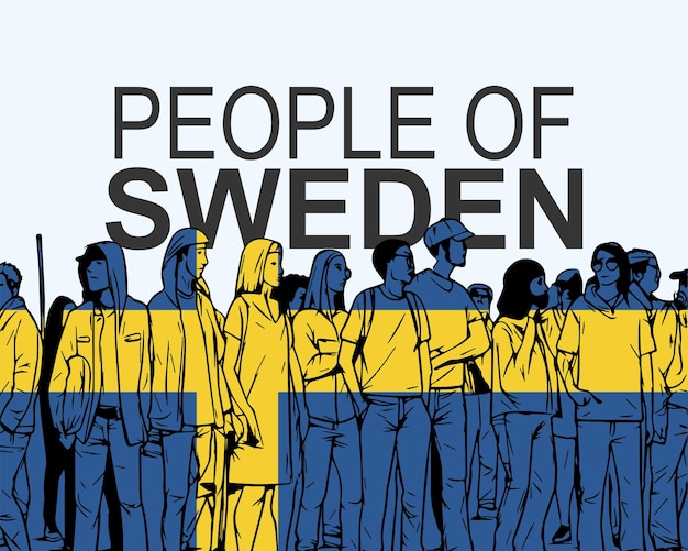 People of Sweden with flag silhouette of many people gathering idea