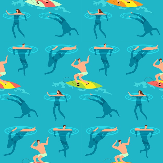 Vector people swimming and diving ocean. summer time on beach exotic vintage seamless  pattern