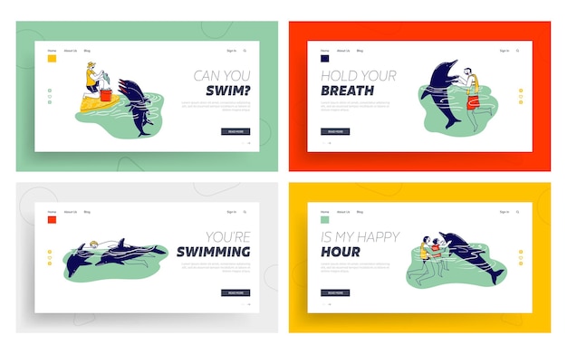 Persone che nuotano con i delfini landing page template set.