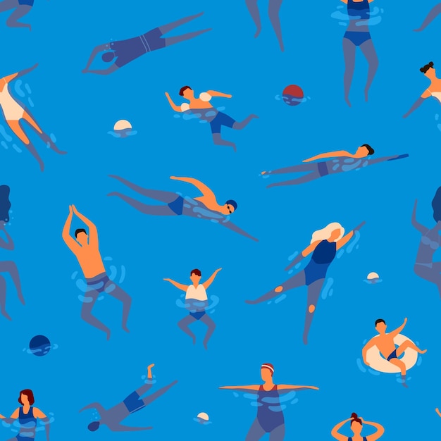 Vector people swims in swimming pool performing water activities seamless pattern. active man, woman and children wearing swimsuit rest at sea vector flat illustration. relaxed person enjoying recreation.