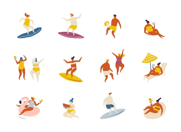 People in swimsuits relaxing on the beach flat vector characters Summer time summer rest