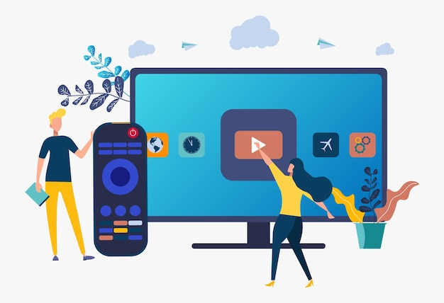 People switch applications on the TV display Smart TV technology Internet TV online TV Sreaming concept Colorful vector illustration