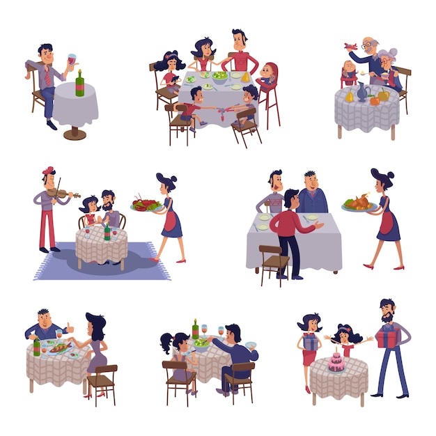 Vector people at table flat cartoon illustrations kit. men and women having dinner, eating together. family supper, friends meeting. ready to use 2d comic character set templates for commercial, animation