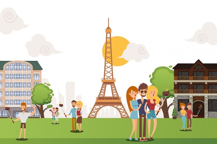 Vector people take selfie amid sights outside  illustration. men and women take photos by smartphone on long selfiestick.