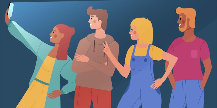Vector 사람들은 다양한 포즈와 다양한 인종의 프로필에 플래시 스탠드를 놓고 밤에 셀카를 찍습니다.