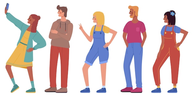 People take selfies stand in profile in different poses and different races Vector illustration