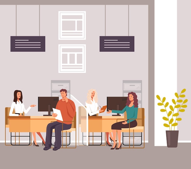 People taking credit loan financial consultation in bank office.    illustration