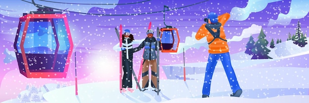 눈 덮인 산에서 리프트 스키 리조트 케이블카 근처에서 사진을 찍는 사람들 크리스마스 새해 휴일 축하 겨울 휴가 개념 수평 벡터 일러스트 레이션