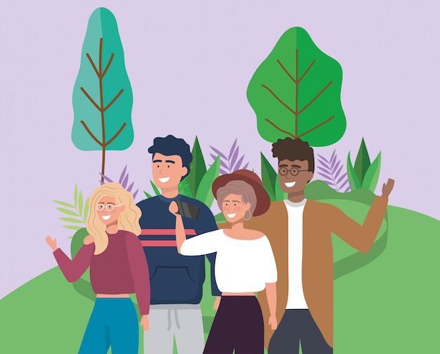 people taking selfie with smartphone field forest plants
