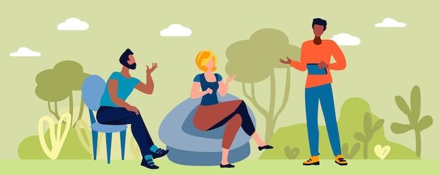 Vector people talk against the backdrop of trees and bushes discussion friends chatting employee dialogues informal communication concept vector illustration