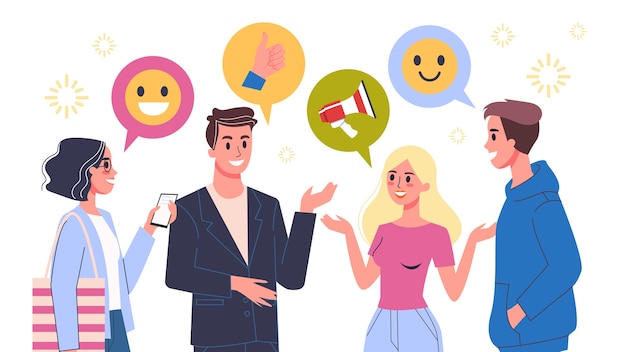 사람들은 말풍선을 사용하여 이야기합니다. 채팅하는 행복 한 사람들의 그룹입니다. 친구 커뮤니케이션. 삽화