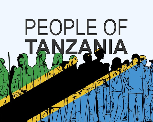 People of Tanzania with flag silhouette of many people gathering idea