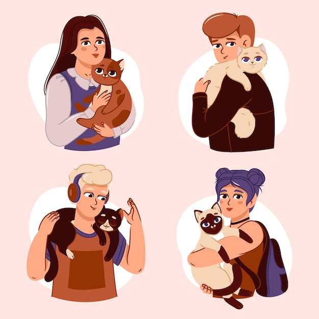 Vector people and their cats isolated a set of portraits of charming pet owners and cute pets vector