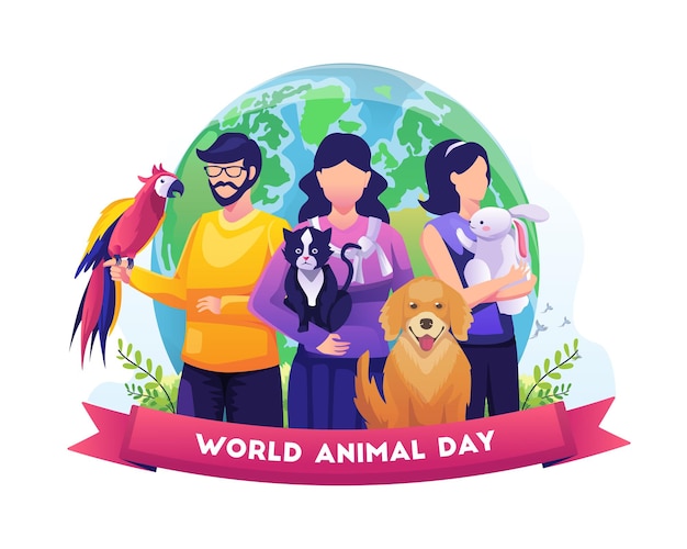 Le persone e i loro animali domestici celebrano la giornata mondiale degli animali giornata della fauna selvatica con gli animali vector illustration