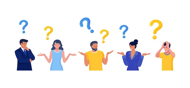 Vector people thinking or solving problem frequently asked questions characters doubts and questioning everything with question mark searching solution