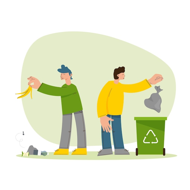 ベクトル 人々は正しい方法と間違った方法でゴミを捨てます ゴミを分類する 環境を守る