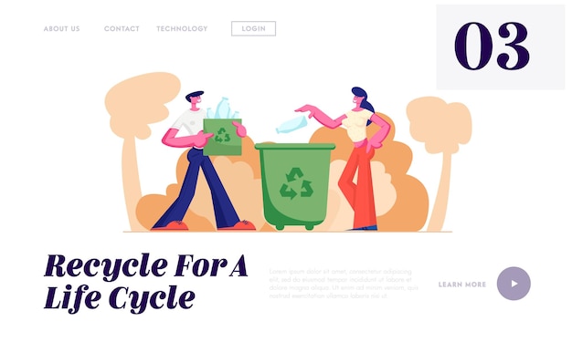 People throw garbage into containers and bags with recycle sign. website landing page