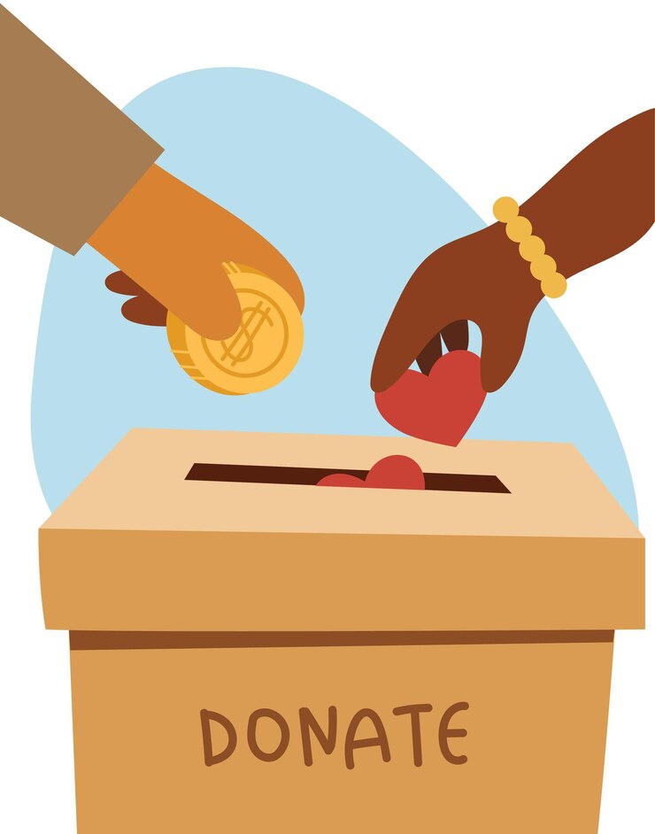 Vector people throw gold coins and hearts into a box for donations