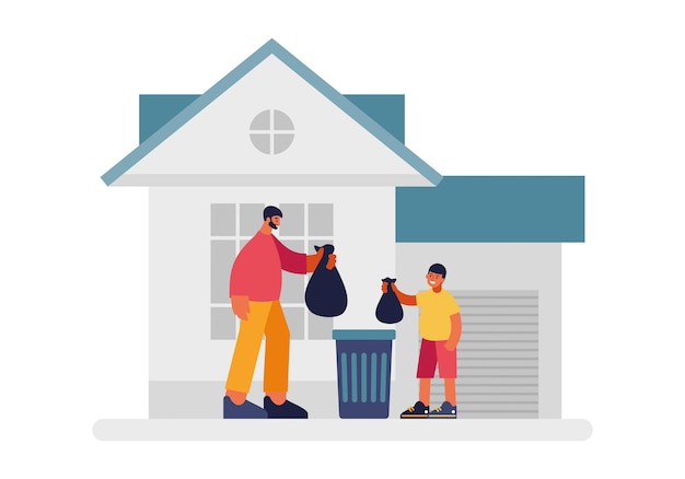 Vector people throw out trash illustration. male contented character and child holding black garbage plastic bags in front of iron container. cleaning in private house and on territory vector flat.