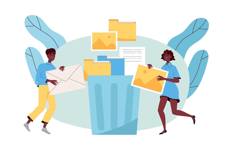 Vector people throwing out garbage man and woman with emails near a trash can an empty space in an email