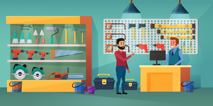 Vector people in tool store interior illustration