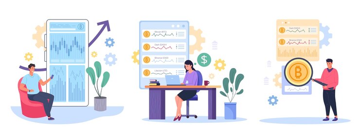 Vector people trade cryptocurrency crypto currency exchange or coin investment virtual money mining financial market online business trading in cyberspace concept vector illustration
