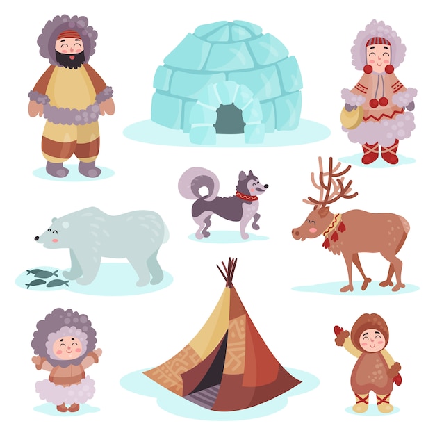 People in traditional eskimos costume and arctic animals set, life in the far north colorful   illustrations