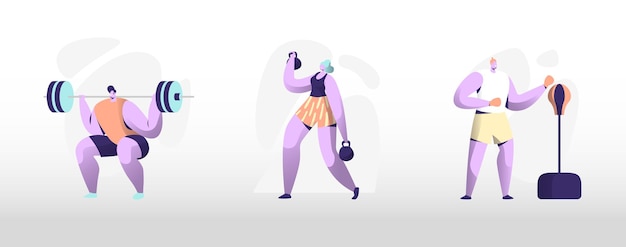 Vector people training in gym. male and female characters in sports wear workout with weight and dumbbells boxing punching bag. training exercises sport activity healthy life cartoon flat vector illustration