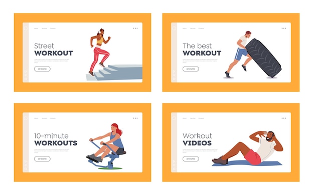 People training landing page template set male and female\
characters exercising with equipment doing workout with weight run\
push tyre sport activity healthy life cartoon vector\
illustration