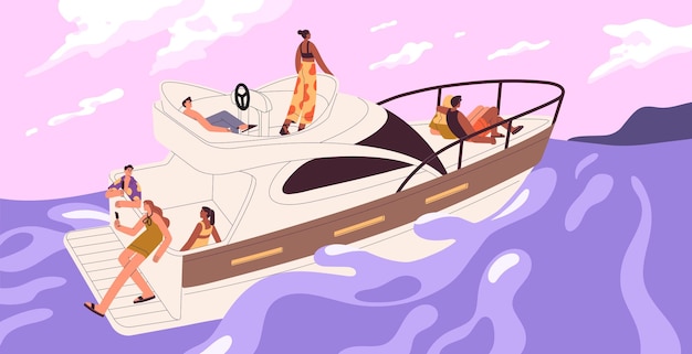 people travel by sea on motor boat happy friends float on yacht on sea waves men women sailing on ship relax on deck in summer characters have fun in ocean cruise flat vector illustration