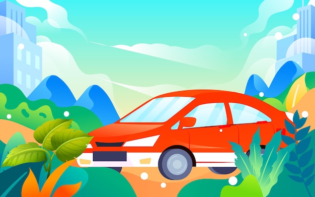 People travel in cars after vacation with various plants and buildings in the background vector