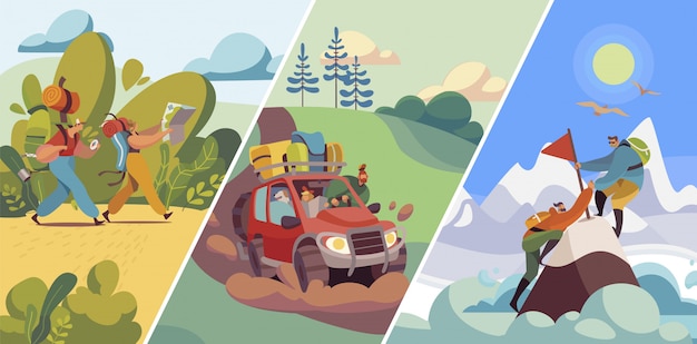 La gente viaggia verso natura, escursioni e alpinismo, viaggio in auto o trekking con zaini, illustrazione