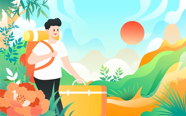 People travel on vacation with various plants and buildings in the background vector illustration