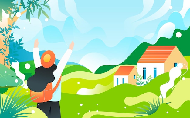 People travel on vacation with various plants and buildings in the background vector illustration