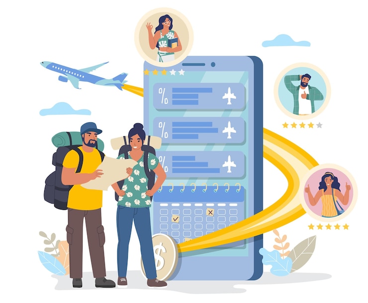 Vector people traveler booking ordering and buying flight ticket by mobile application