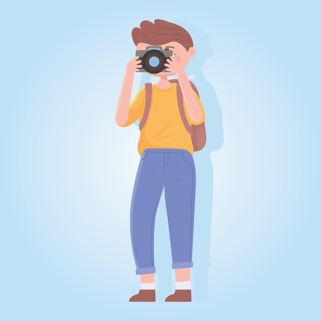 People traveling, man traveler with camera and backpack illustration